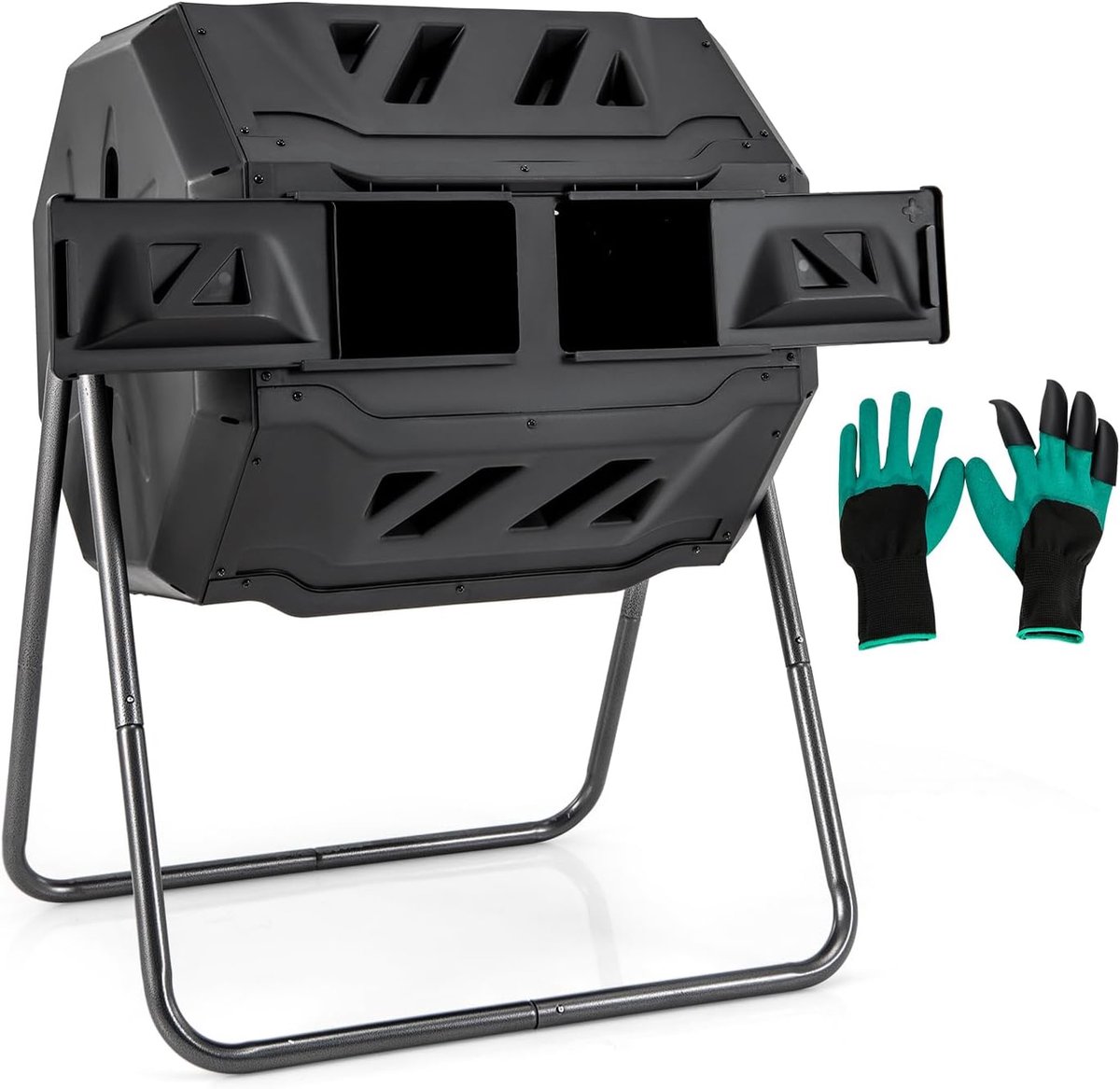 Compost Trommel - Draai Compostbak - Afval Verwerken - Dubbele Kamer Systeem - 160 Liter Volume - Zwart Groen