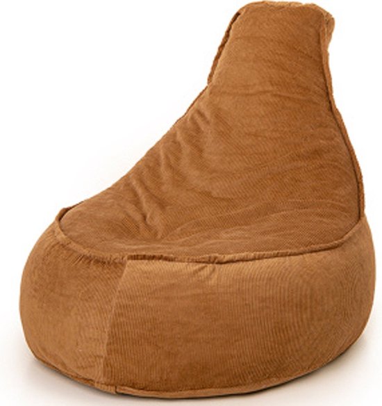 Bruine ribstof zitzak met een hoge rugleuning, op witte achtergrond.