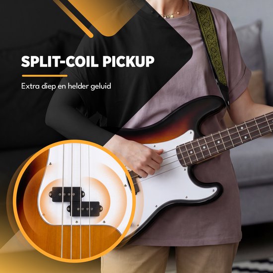 Close-up van de split-coil pickup op een sunburst basgitaar, bespeeld door een persoon.