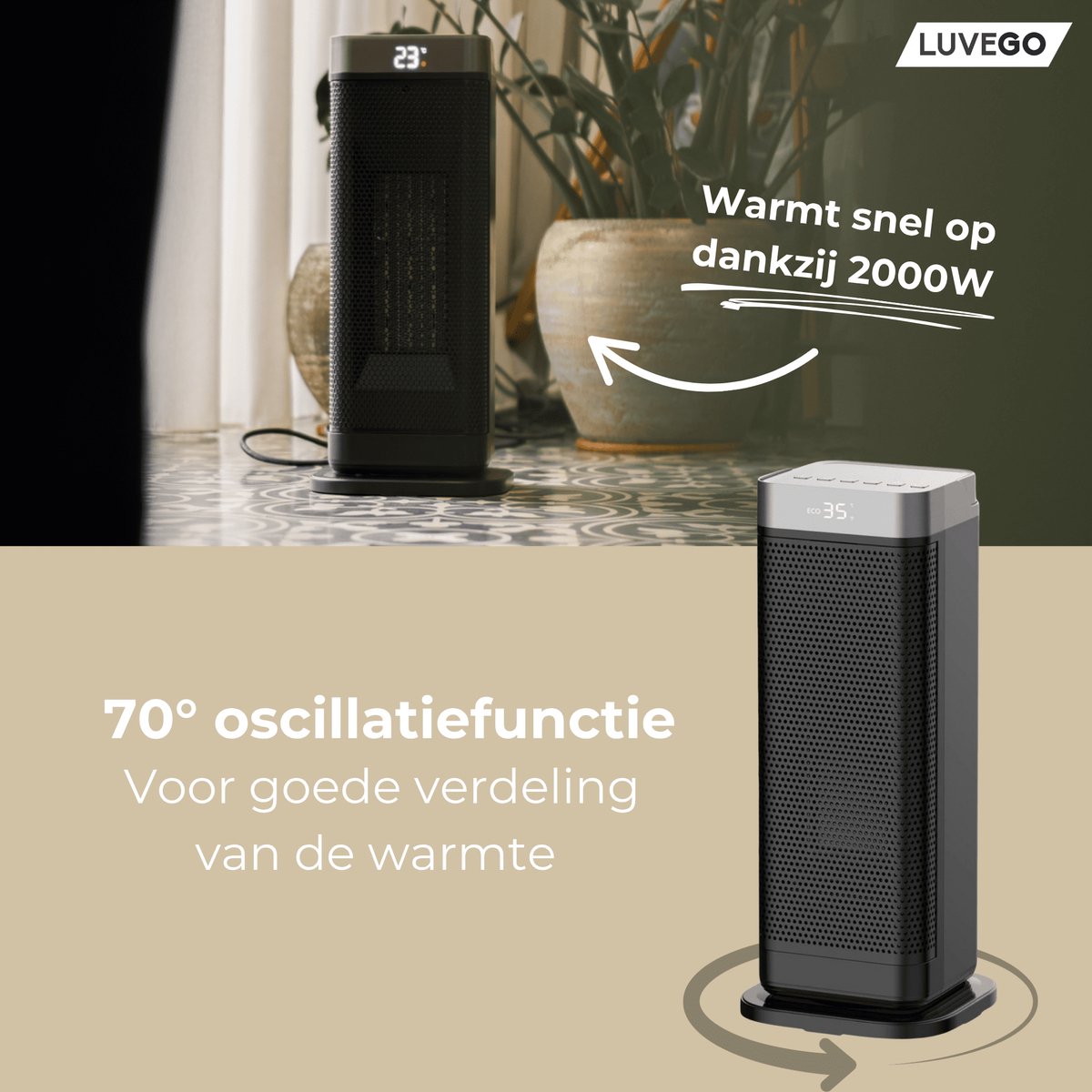 COOCHEER Keramische ventilatorkachel, 2000 W, 3 bedrijfsmodi, eco