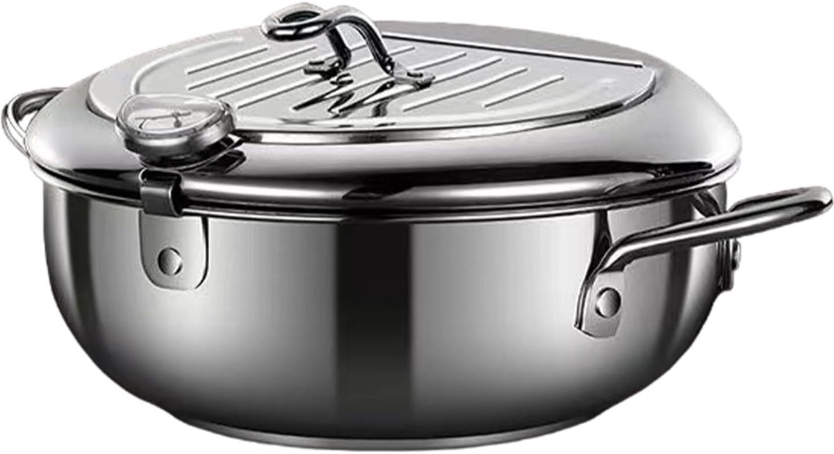 Roestvrijstalen Frituurpan - Soeppan Pot - Frituren Thuis - Dubbele Bodem Met Thermometers - 20CM Diameter