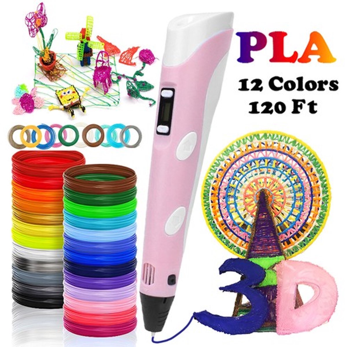 3D-printpenset, graffiti-printer en tekenset, inclusief 12 kleuren PLA-filament - roze.