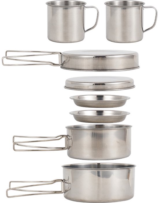 Camping Kookgerei Set met 8 Stuks RVS Pannen en Borden voor Outdoor Activiteiten - Kookgerei - Lichtgewicht - voor kamperen, outdoor, wandelen, picknick, BBQ van Camping — afbeelding 3