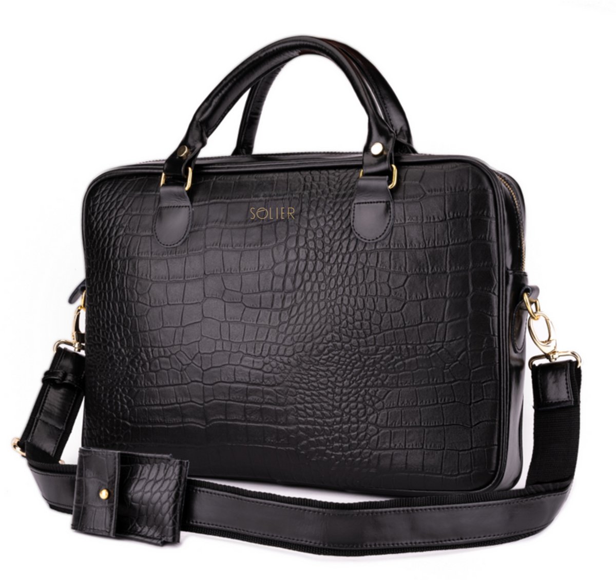 Solier Gold for women - dames aktetas - dames laptoptas - zwart leer - slangmotief - snake