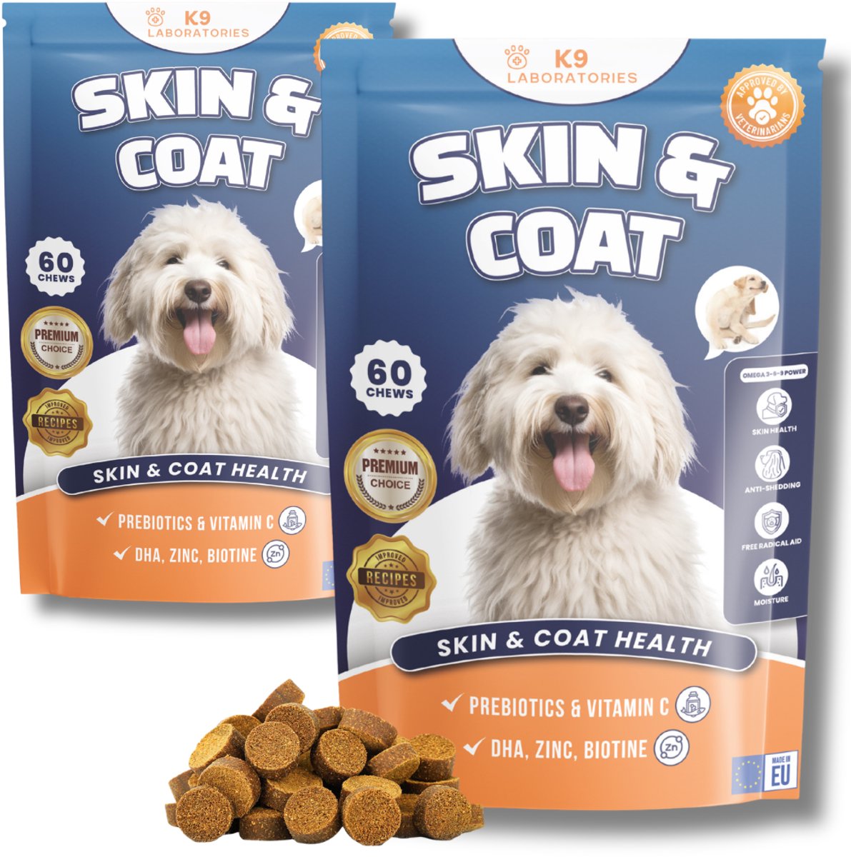 K9 Laboratories Huid & vacht Supplement voor honden - Hondensnoepjes - Omega 3 Hond - Bij Vacht & Huidproblemen - Gezonde Hondensnacks - Tegen jeuk en haaruitval - 120 Stuks