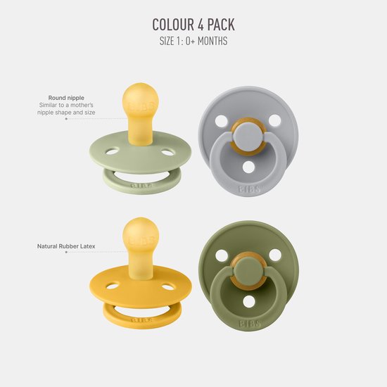 BIBS Colour speen verpakking 4 stuks, BPA-vrije fopspeen, Ronde speen. Natuurlijk rubberlatex, Gemaakt in Denemarken. 0-6 maanden (Verpakking 4 stuks), Green Garden Lush van Merkloos — afbeelding 4