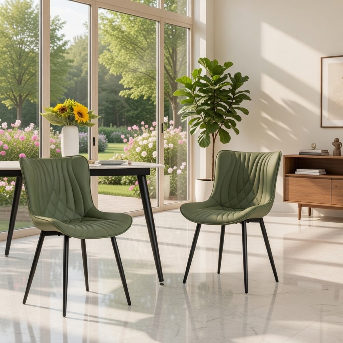 Luxe OceanWave Design Eetkamerstoelen Set van 2 – Ergonomische PU Kunstleer Keukenstoelen met U-vorm Rugleuning, Stalen A-frame Poten, 136 kg Draagkracht – Olijfgroen Modern Design - novihome