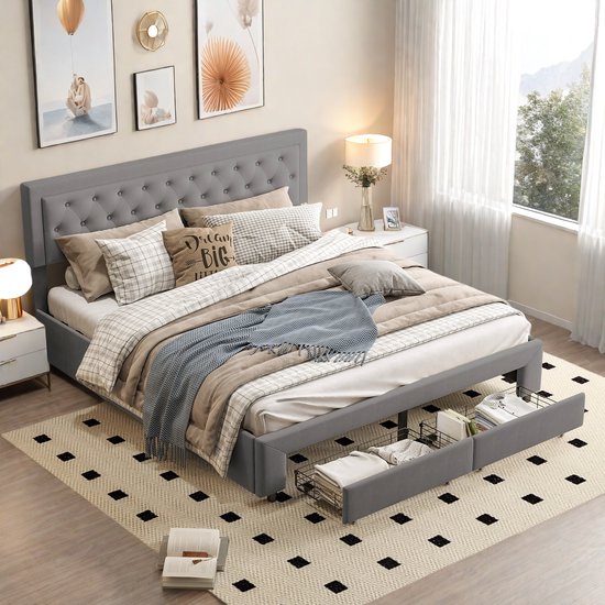 Lit de rangement en velours gris 180x200 – Lit deux places avec ascenseur à gaz et 2 grands tiroirs en pied de lit & Espace de rangement supplémentaire – Lit 180x200