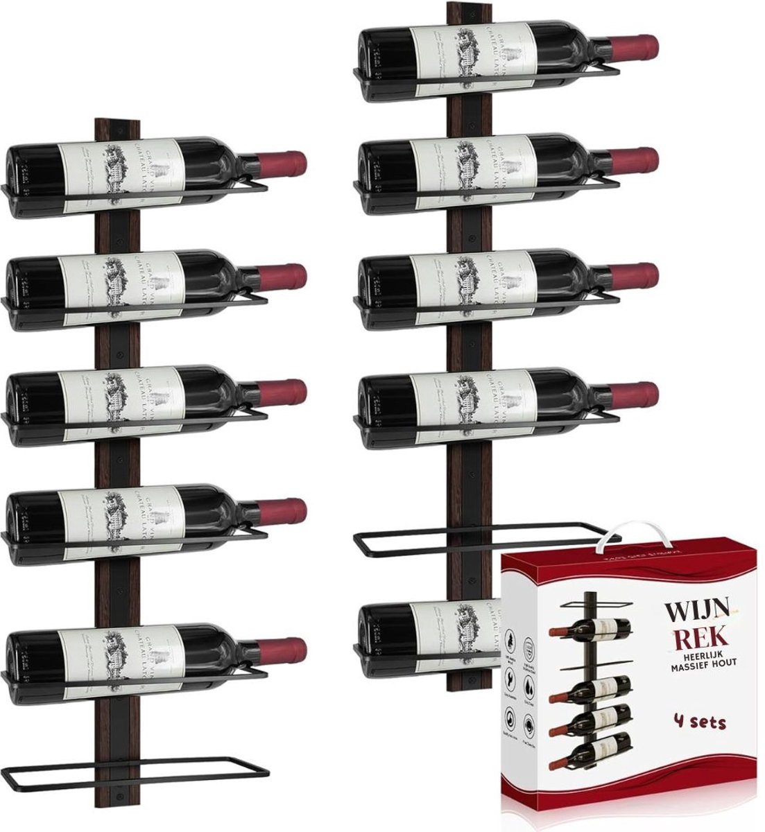 DYNA® Wijnrek Muur - Wijnrek - Wijnrek Ophangbaar - Wijndisplay - met Wijnglasrailsen- Donkerbruin - 10cm x 27cm x 127cm