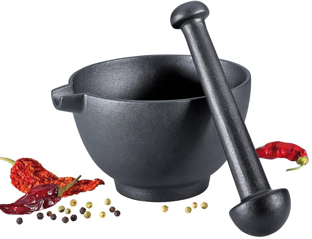 XL Mortar and Pestle Set - Cast Iron Spice and Seed Mill with Spout