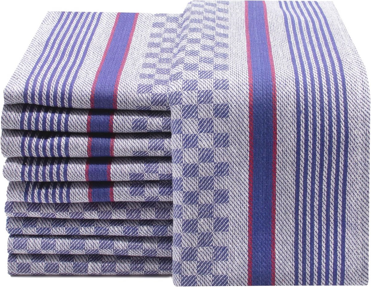 Set van 10 theedoeken katoen - blauw-wit ruitje - 45x90 cm