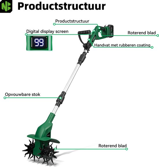 NewBeny Accu Grondfrees - 600 tpm - Elektrisch Tuinfrees - Borstelloze motor- met 2x 4.5Ah Accu's - 15 cm werkdiepte - 20 cm werkbreedte - Accu Motorhak van Newbeny — afbeelding 5