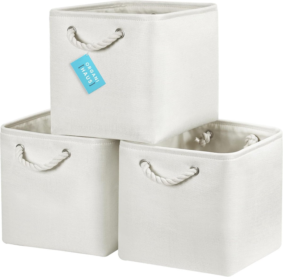 Set of 3 fabric cube baskets with rope handles 28x28, completely off-white