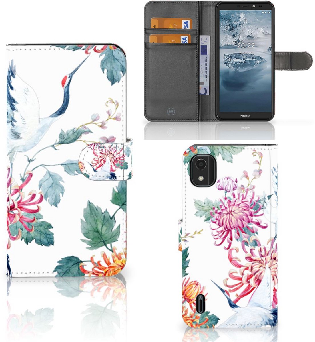 Nokia C2 2nd Edition Telefoonhoesje met Pasjes Bird Flowers