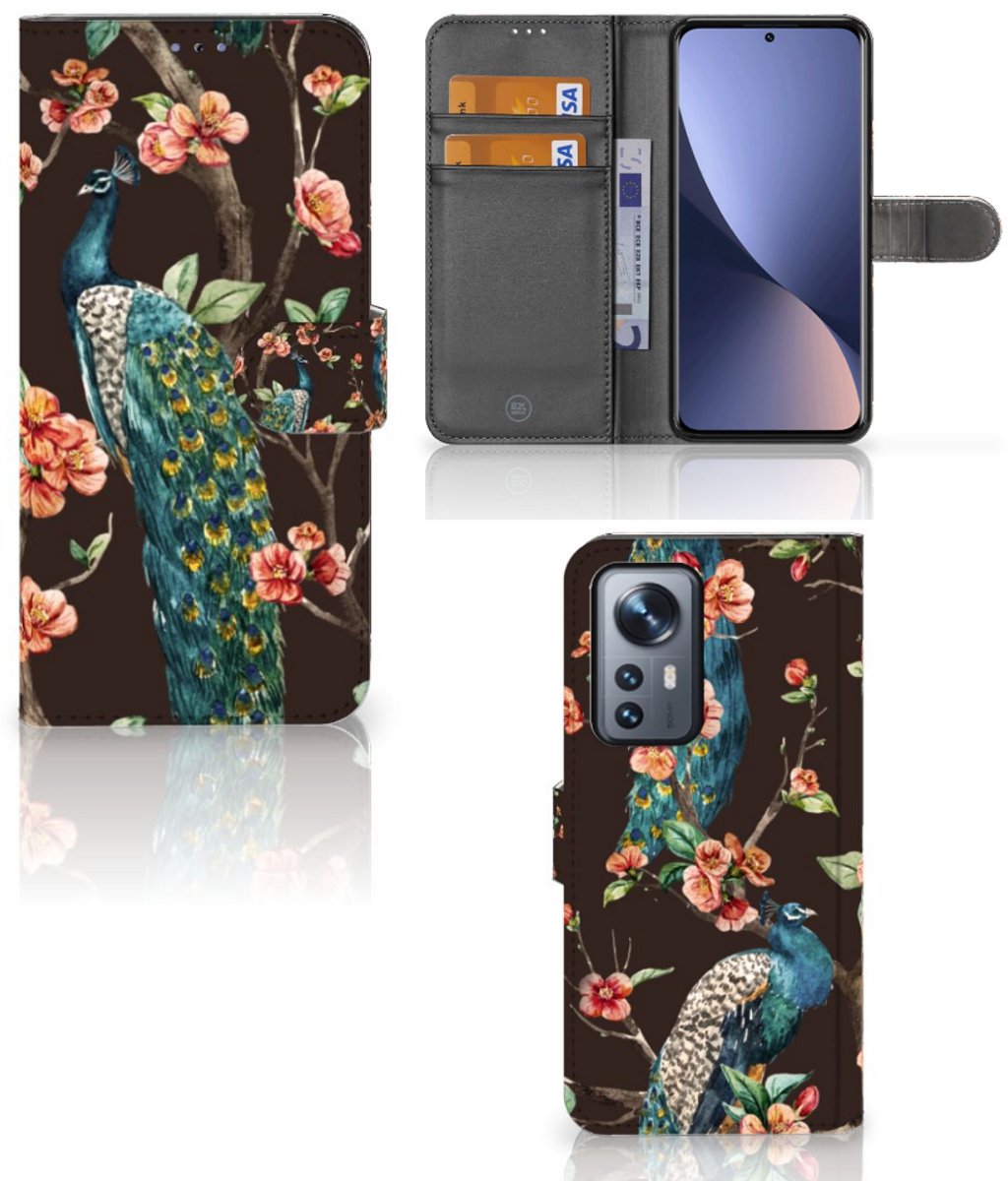 Xiaomi 12 Pro Telefoonhoesje met Pasjes Pauw met Bloemen