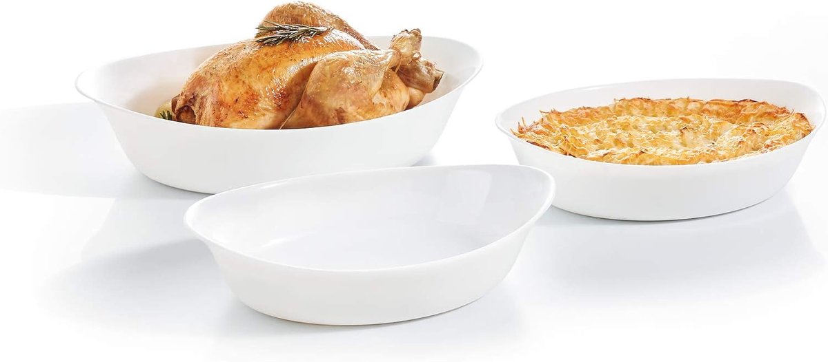 Ovale Bakplaat Set - 3-delig, Glas, Wit - Ideaal voor Koken en Serveren