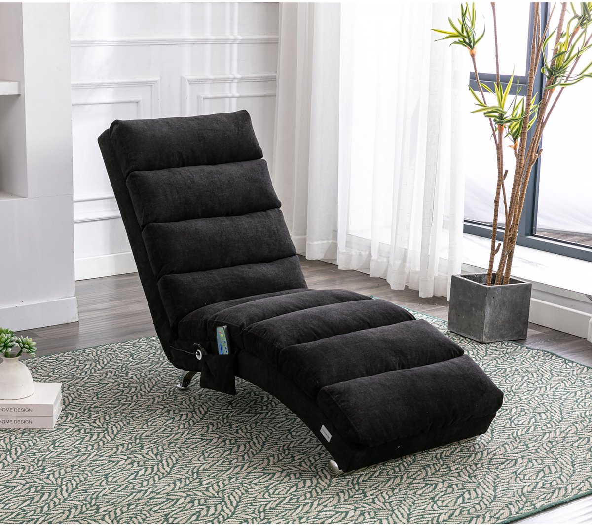 Zubaliya 1 Stuks Relaxfauteuil Met Vibratiefunctie - 148 cm Lang - Zwart Linnen - Opbergvak - 250 kg Draagvermogen - Eenvoudig Te Monteren