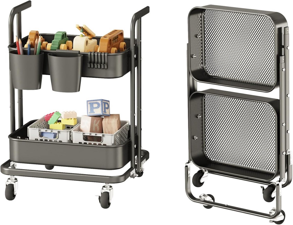 Opvouwbare Metalen Opbergwagen met 2 Niveaus en Wielen voor Keuken, Badkamer, en Kantoor