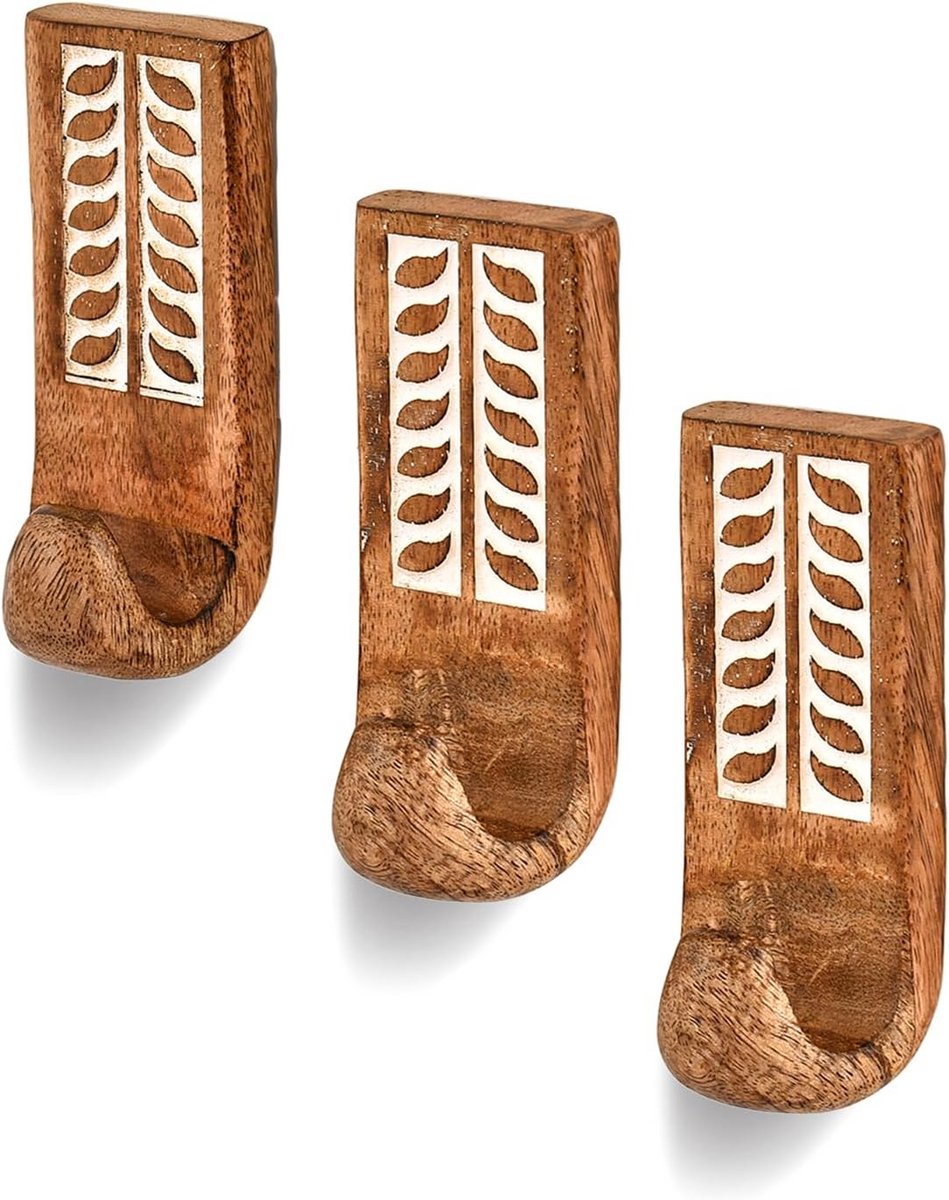 Boho Mangohouten Wandhaken - Decoratieve Haak Set van 3 voor Sleutels en Handdoeken