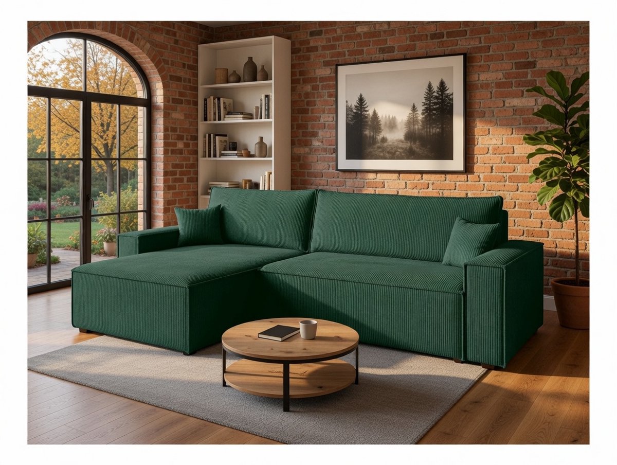 Hoekbank met slaapfunctie 274 × 143 × 85 cm – greon ribstof hoekbank met opbergruimte, uittrekbaar bed 125 × 230 cm, 4-zits lounge hoekbank met omkeerbare chaise longue – ADI XL Comfort – Bellavero