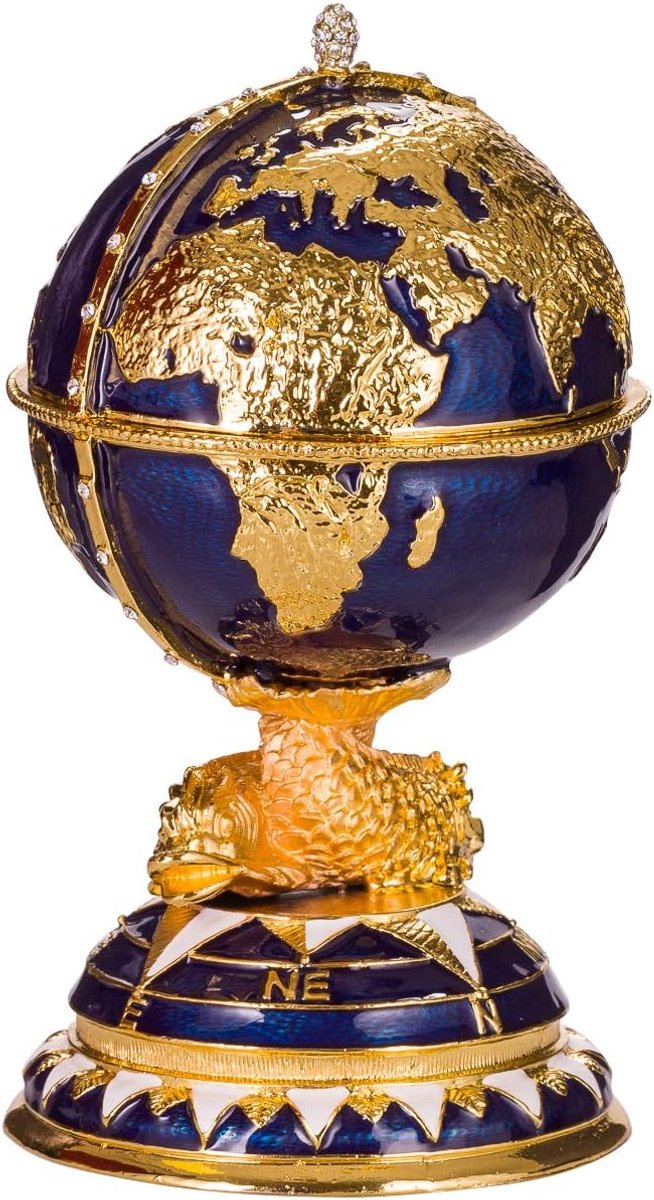 Faberge-stijl juwelendoos wereldbol met zeilschip 14,5 cm blauw