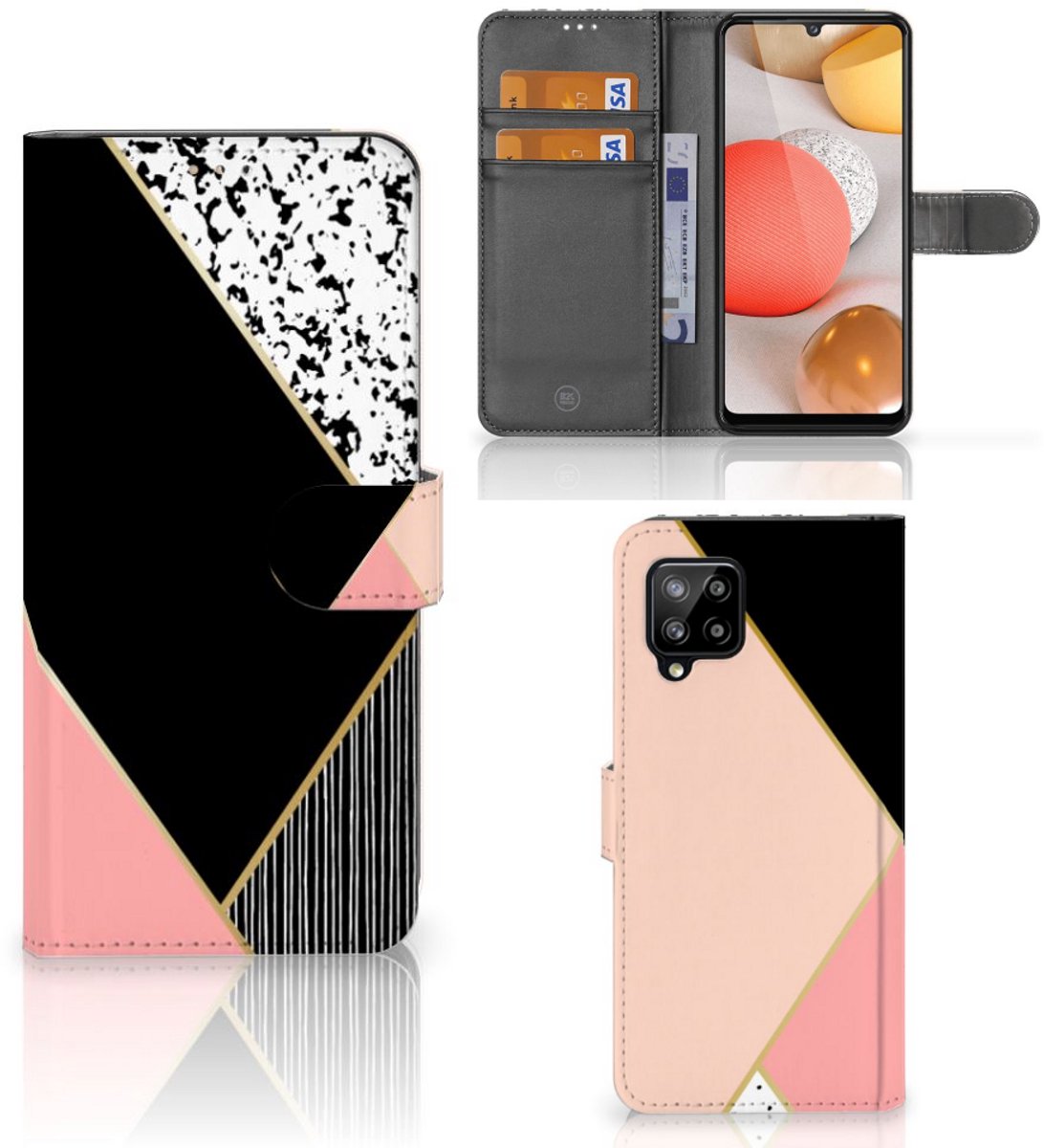 Samsung Galaxy A42 5G Book Case Zwart Roze Vormen
