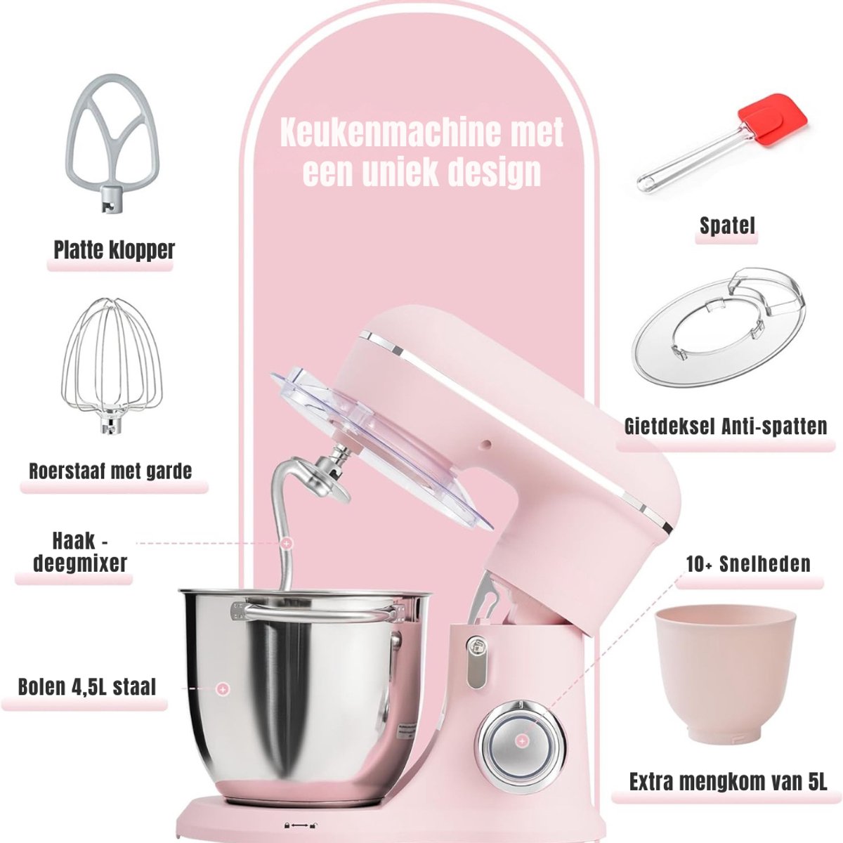 DYNA® Mixer met mengkom - Mixer - Mixer met mengkom keukenmachine - Roze - 22cm x 35cmx 33 cm; 4.25 kg
