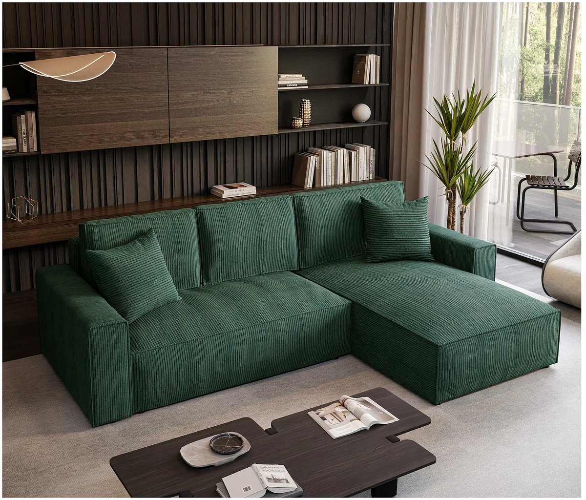 Hoekbank met slaapfunctie 290 × 185 × 86 cm – greon ribstof hoekbank met opbergruimte, uittrekbaar bed 244 × 140 cm, 4-zits loungebank met omkeerbare chaise longue – Paris Comfort XL – Bellavero