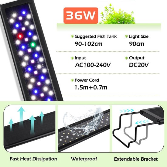 FEDOUR 18 Cm Aquarium LED-verlichting – Volledig Spectrum RGBW, IP68 Waterdicht, Met Dimmer, Timer En 24/7 Natuurmodus Voor Aquaria 20-30 Cm