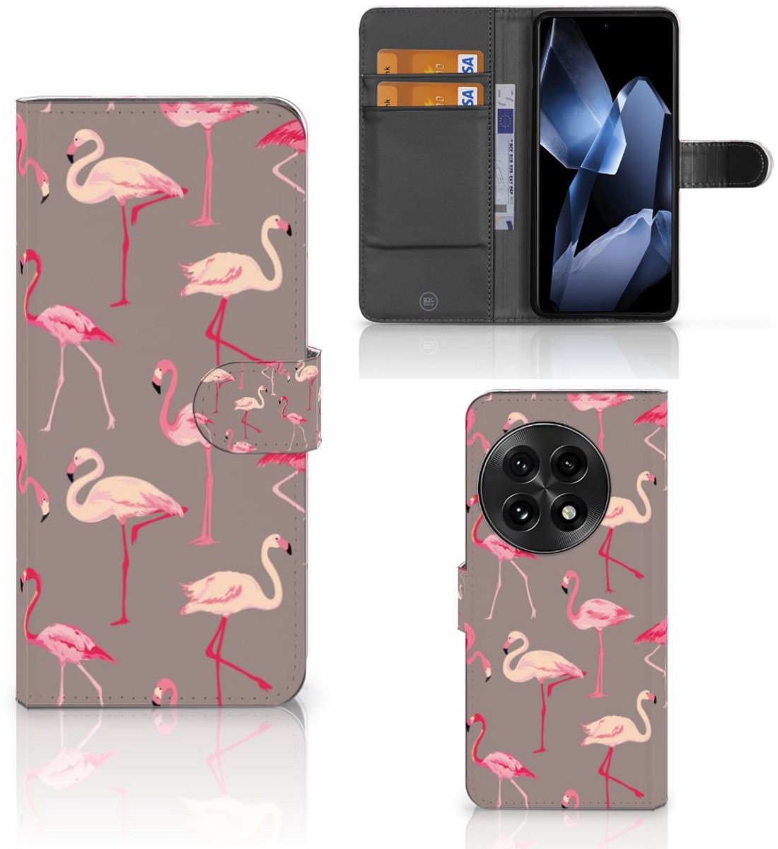 Book Case voor OnePlus 13 Telefoonhoesje met Pasjes Flamingo