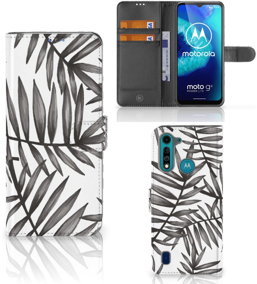Book Case voor Motorola G8 Power Lite Hoesje Leaves Grey