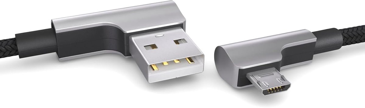 2m Nylon Micro USB Kabel Zwart - 90 Graden Hoekstekker, Data- & Oplaadkabel, USB 2.0