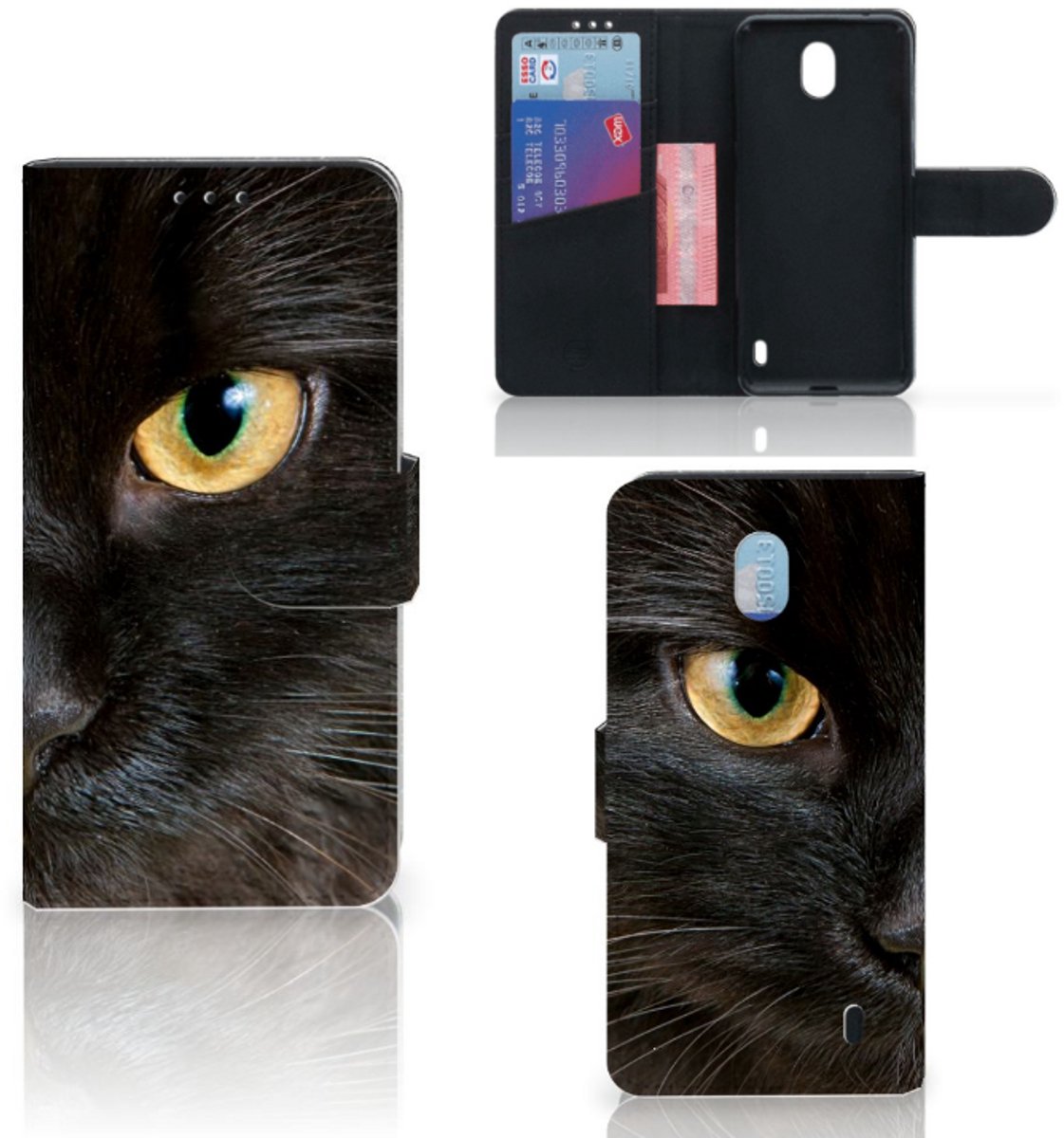 Nokia 1 Plus Telefoonhoesje met Pasjes Zwarte Kat