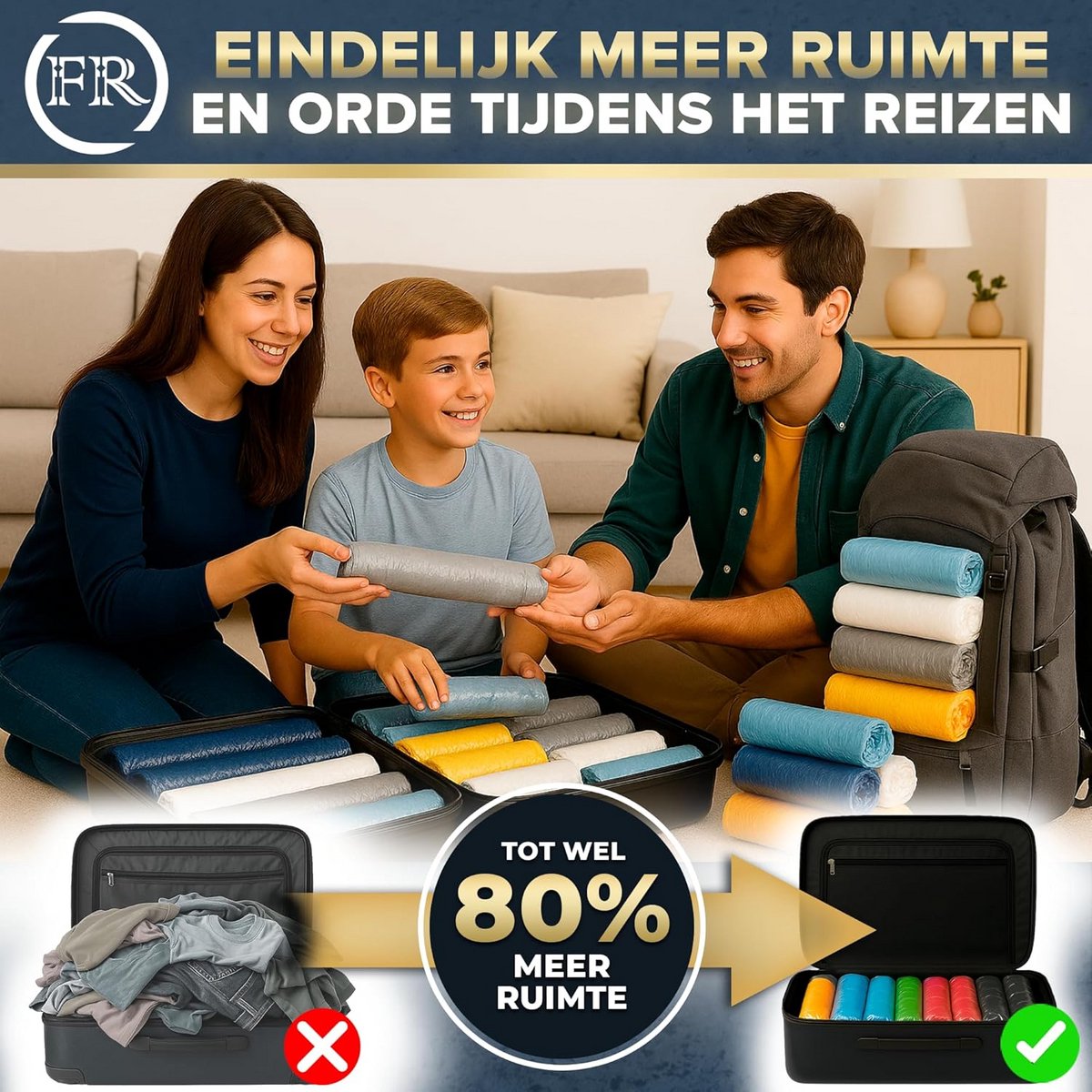 Vacuümzakken voor Oprollen - Set van 8 - Maat M (60 x 40 cm) - Ideaal voor Reiskleding - C