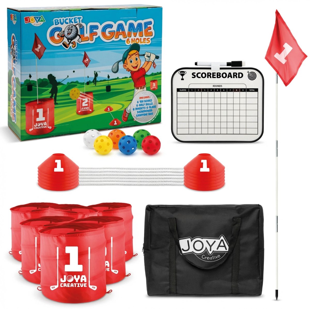 Joya Creative Bucket Golf 6-Holes - Buitenspeelgoed voor Kinderen en Volwassenen - Familiespel - Actiespel - Complete Golfset met Buckets, Ballen en Opbergtas