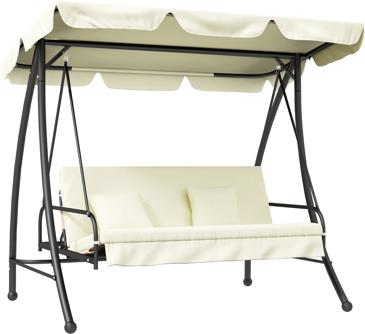 Wishdor - Tuinschommelbank - 3-Zits - Ligfunctie - Verstelbare Rugleuning - Verstelbaar Zonnescherm - Metaal - Crèmewit - 200 X 125 X 170 Cm