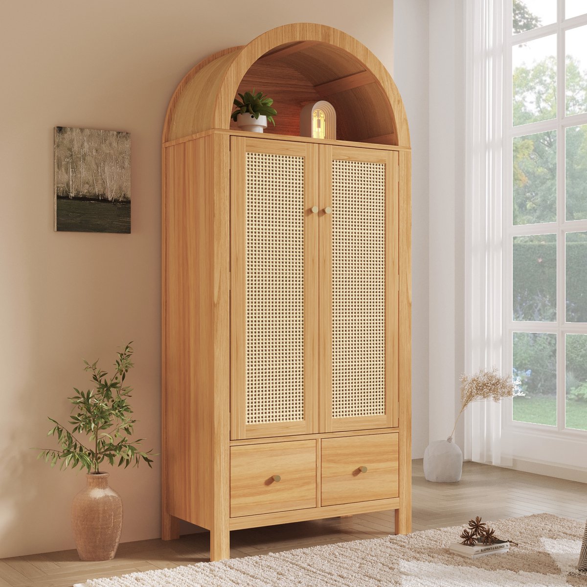 OKWISH Kledingkast – Boogvorm Met Rotan – 181x78x45 cm – 2 Deuren 2 Laden En Kledingroede – Landelijke Stijl – Eiken