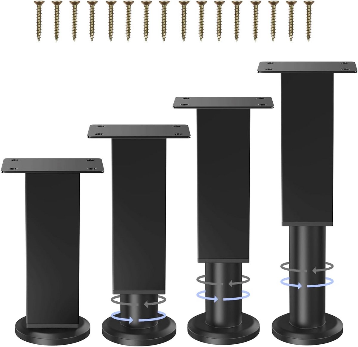 Set van 4 zwarte vierkante meubelpoten, in hoogte verstelbaar (12-18 cm)