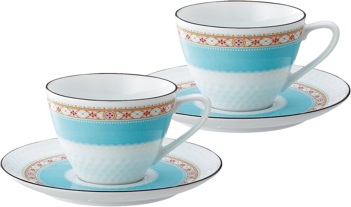 Porseleinen Kop en Schotel Set Blauw Bloemmotief - Japans Design