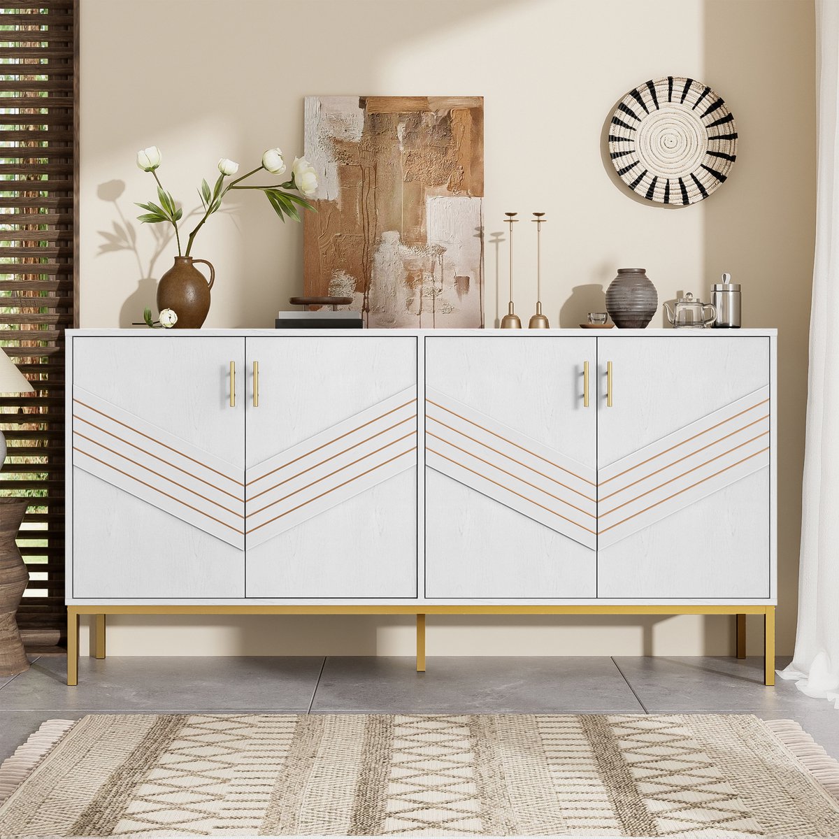 MODFU Opbergkast 160x40x80,5 cm van MDF, met 4 deuren en verstelbare planken, wit/houtlook