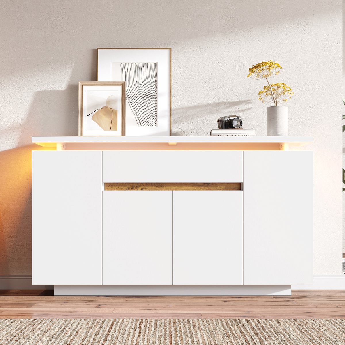 MODFU Opbergkast 140x40x80 cm van spaanplaat, wit, met deuren en lade