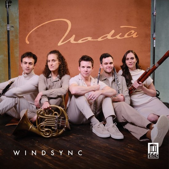 Vijf muzikanten van Windsync zitten in beige kleding voor een bruine achtergrond met het opschrift 'Nadia'.