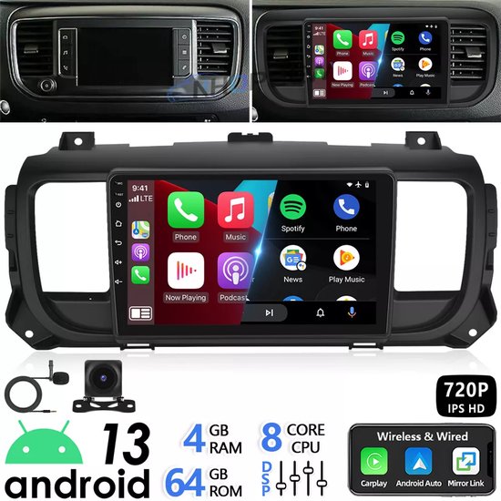 Autoradio voor P-eugeot Expert 2016-2023, voor C-itroen Jumpy 2016-2023, 4+64G met Carplay Android Auto GPS-navigatie Android 14 Autoradio met 9 inch touchscreen Bluetooth Wifi FM/RDS SWC Mirror Link Split Screen + AHD Backup Camera Mic