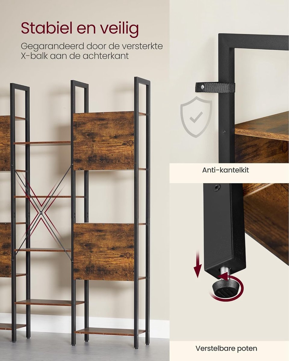Boekenkast Casa Velluto Ladder – Vrijstaande Industrieel Ontwerp Boekenkast met 14 Planken – Houten Boekenplank met Metalen Frame voor Woonkamer, Studeerkamer en Kantoor – Vintage Bruin & Inktzwart – 24×128×166 cm