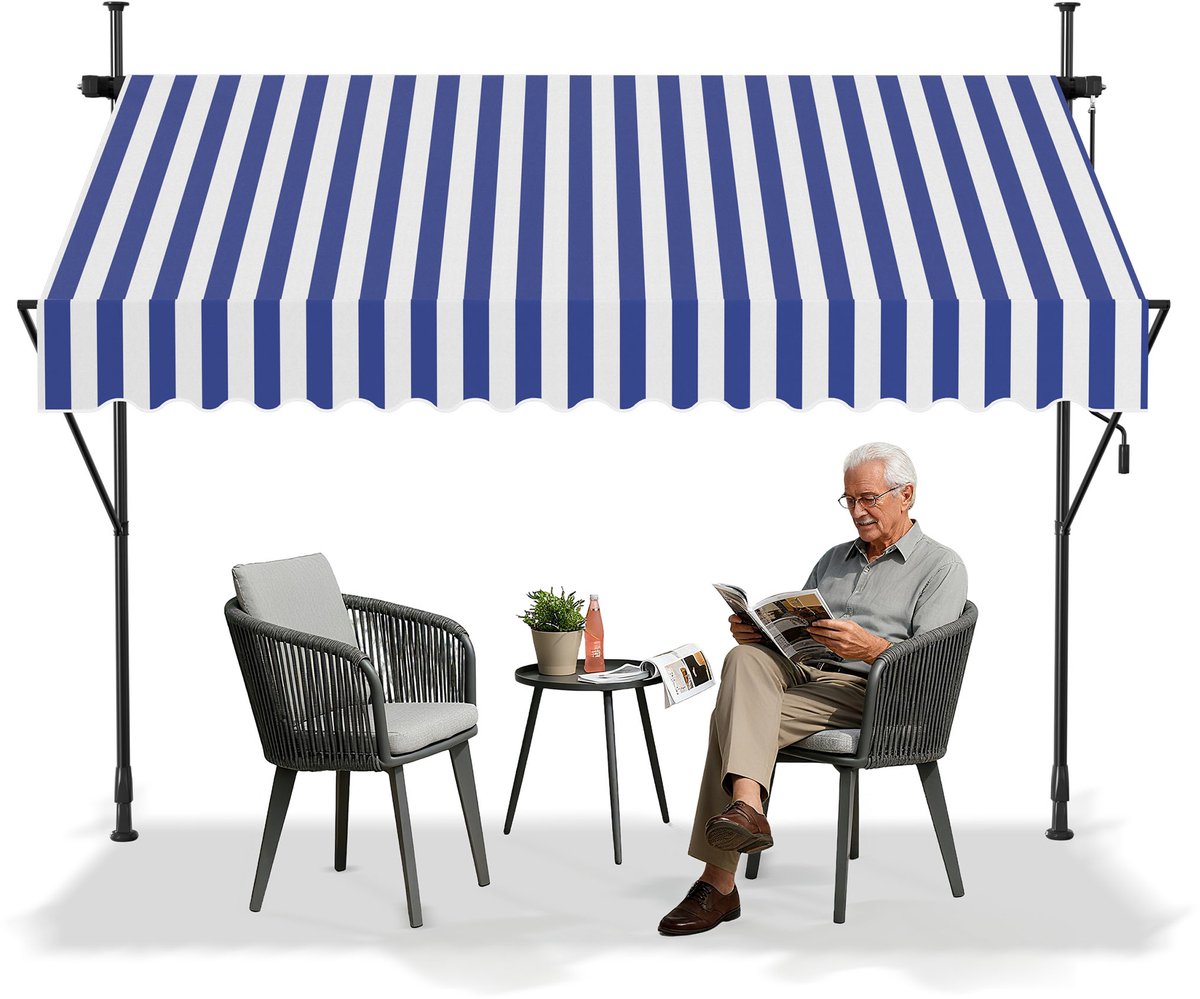ACXIN Klemmarkies Balkonmarkies - Uitschuifbare Zonwering Handkurbel - 350x120cm Blauw-wit