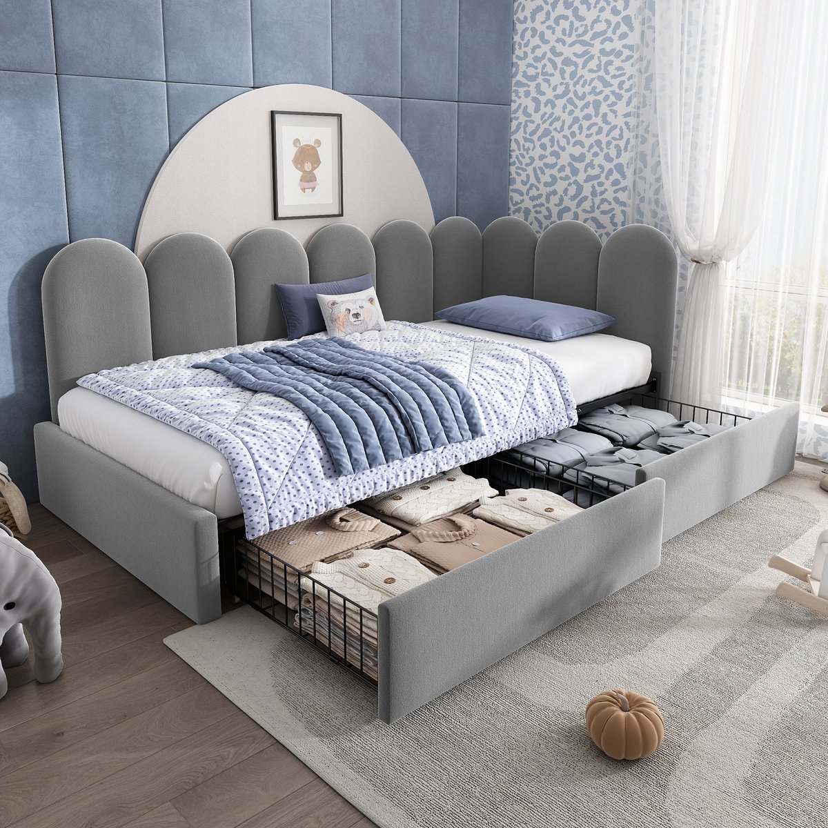 MODFU Bedframe 90x200 cm – Fluweel met 2 lades & omwisselbare zijpanelen – Grijs