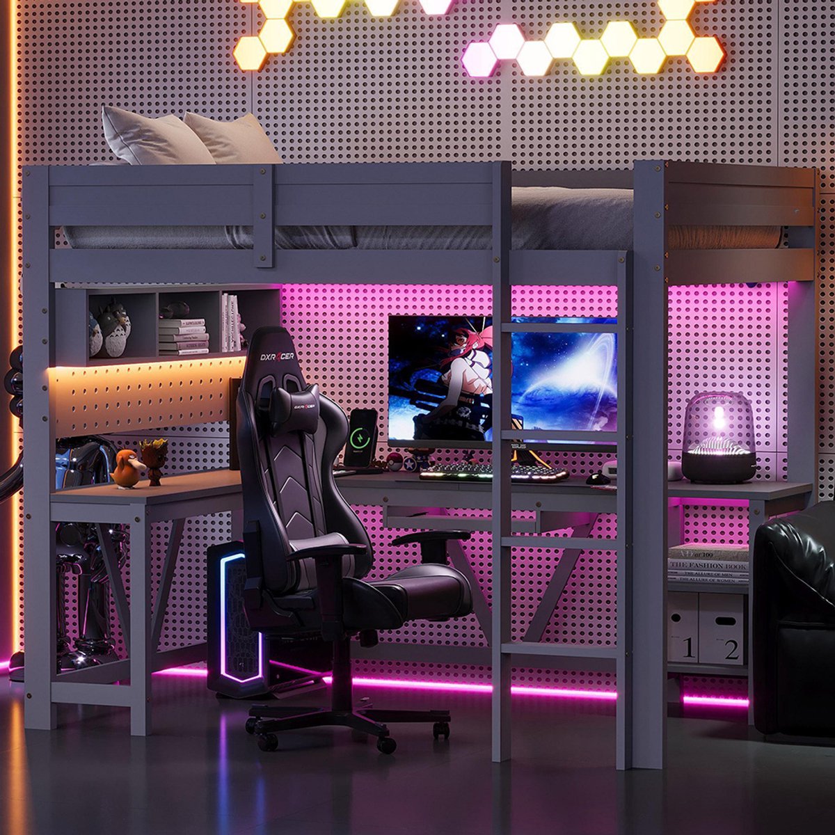 KOMHTOM Houten gaming hoogslaper 90 x 200 cm met bureau, opbergvakken, ledverlichting en oplaadstation, grijs