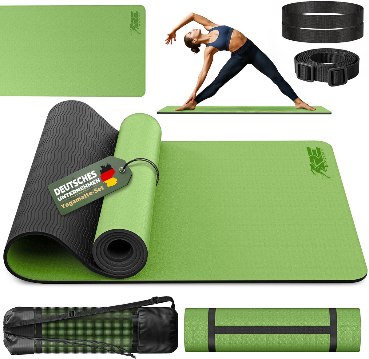RE:SPORT Yogamat, ftalaatvrij | Gymnastiekmat, antislip | Fitnessmat, schadstoffvrij | Trainingsmat met draagriem, ftalaatvrij 183 x 61 x 0,6 cm (Olijfgroen/Zwart)