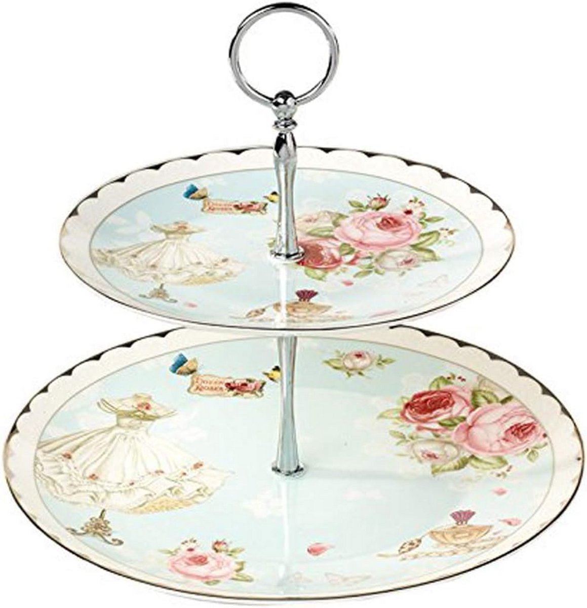 2-Laags Taartstandaard Set van Bone China met Bloem- en Jurkpatroon