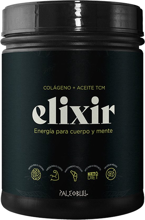 Elixir neutrale voedingssupplement van Paleobull, met "Colágeno + Aceite TCM" en "Energía para cuerpo y mente".